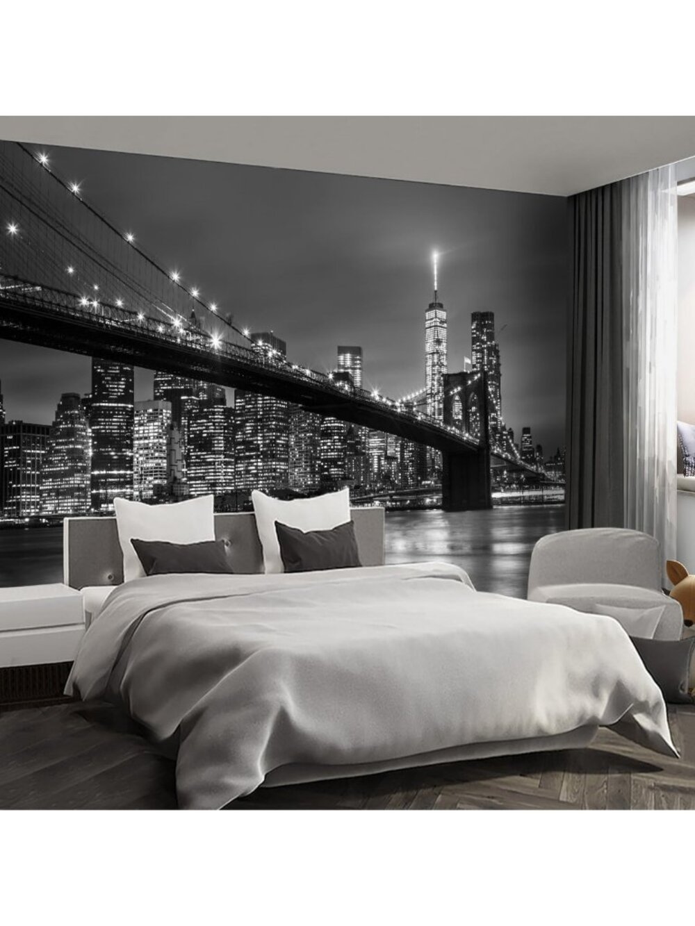 Gray NYC Brooklyn Bridge Night Wall Mural Peel & Stick Wallpaper 85"x118" for